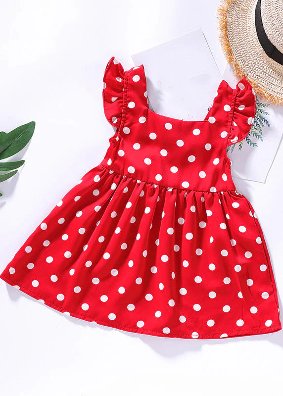 DIY Red O-Neck Dot Print Wrinkled Kids Mid Dress Sleeveless - Image 3
