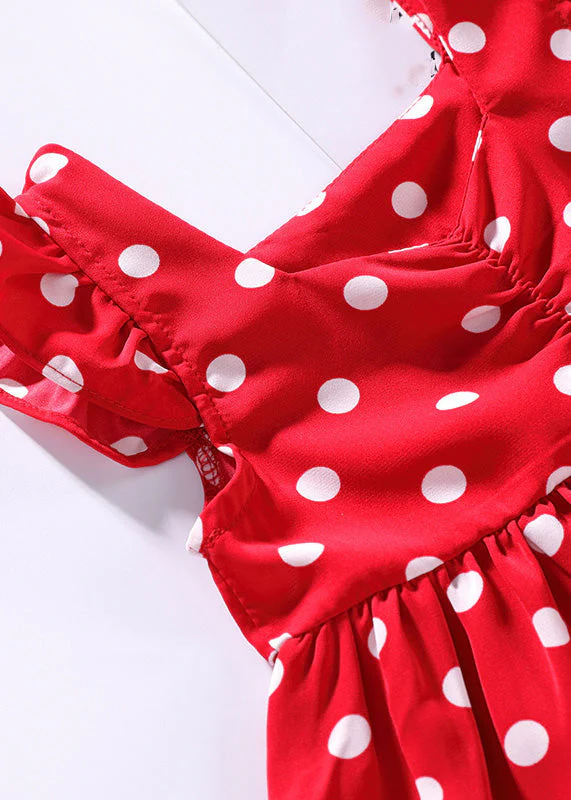 DIY Red O-Neck Dot Print Wrinkled Kids Mid Dress Sleeveless - Image 5