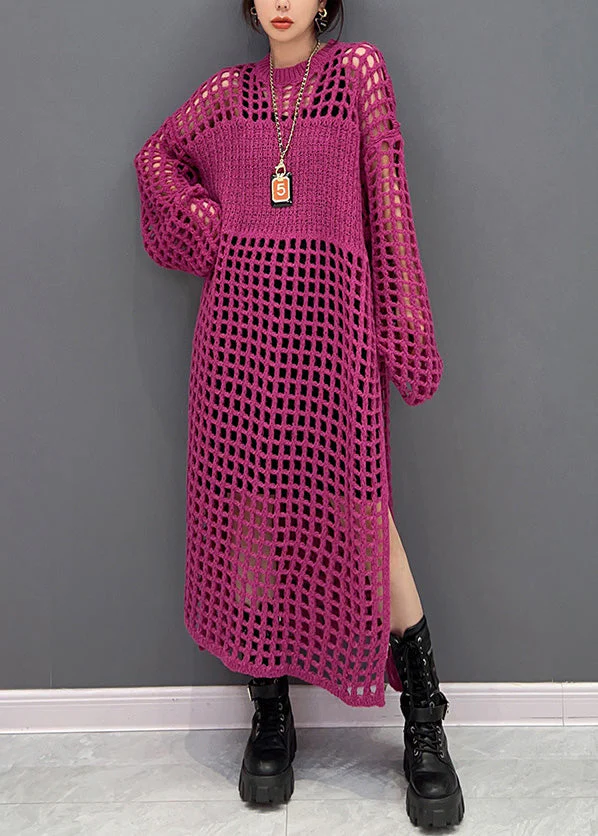 DIY Red O-Neck Hollow Out Side Open Knit Long Dresses Spring - Image 2