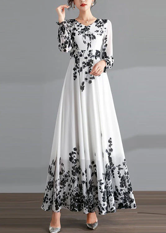 DIY Red O-Neck Print Tunic Chiffon Holiday Long Dresses Long Sleeve - Image 2