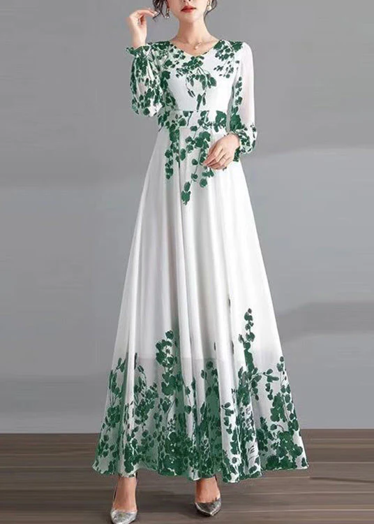 DIY Red O-Neck Print Tunic Chiffon Holiday Long Dresses Long Sleeve - Image 3
