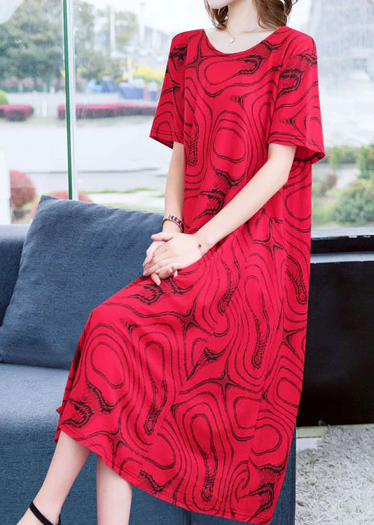 DIY Red O Neck Striped Patchwork Cotton Dresses Summer - Image 2
