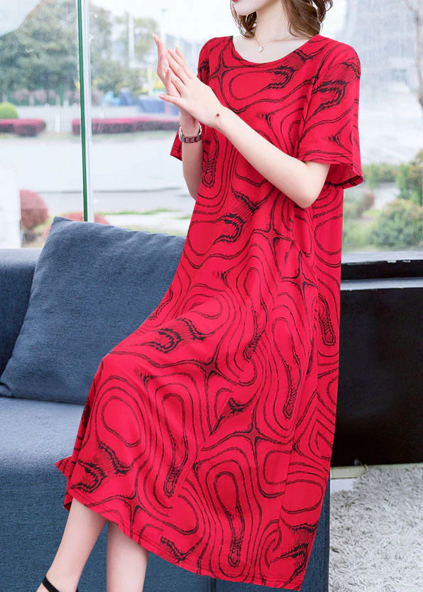 DIY Red O Neck Striped Patchwork Cotton Dresses Summer - Image 3