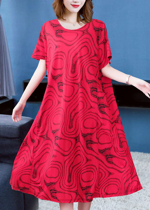 DIY Red O Neck Striped Patchwork Cotton Dresses Summer - Image 4