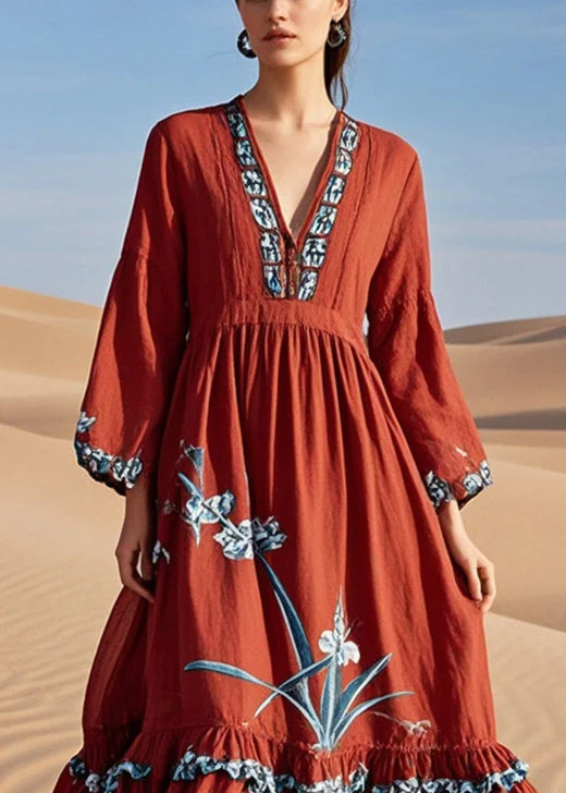 DIY Red Ruffled Print Cotton Maxi Dresses Spring - Image 2