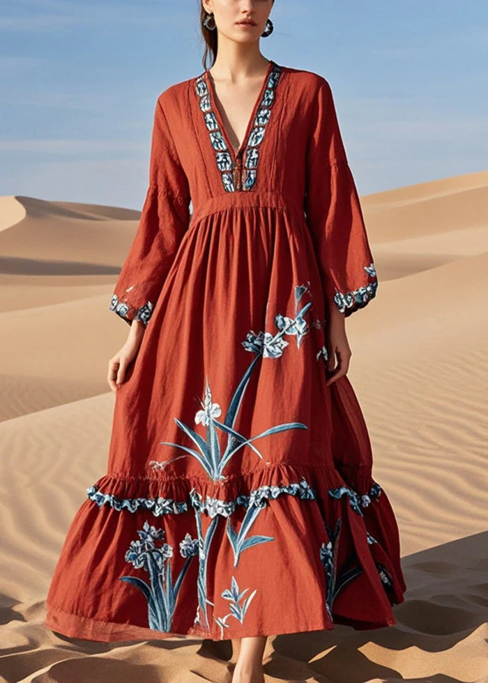 DIY Red Ruffled Print Cotton Maxi Dresses Spring - Image 3