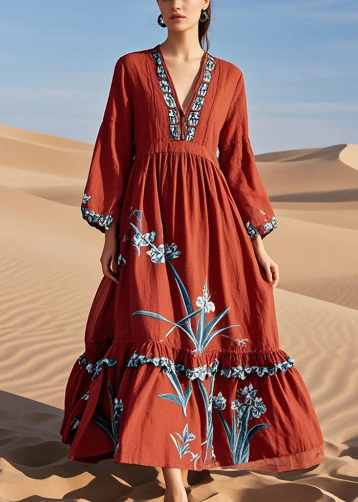 DIY Red Ruffled Print Cotton Maxi Dresses Spring - Image 5