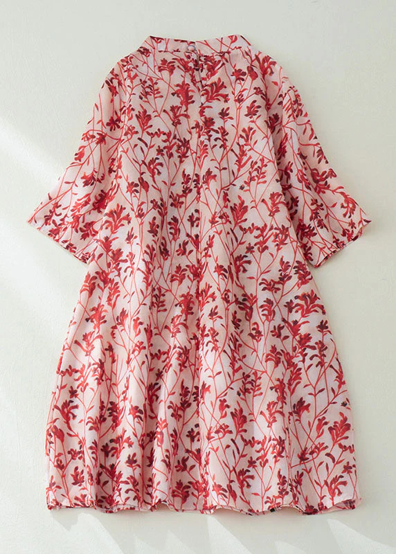 Diy Red Stand Collar Print Button Linen Holiday Cinch Dress Half Sleeve - Image 2