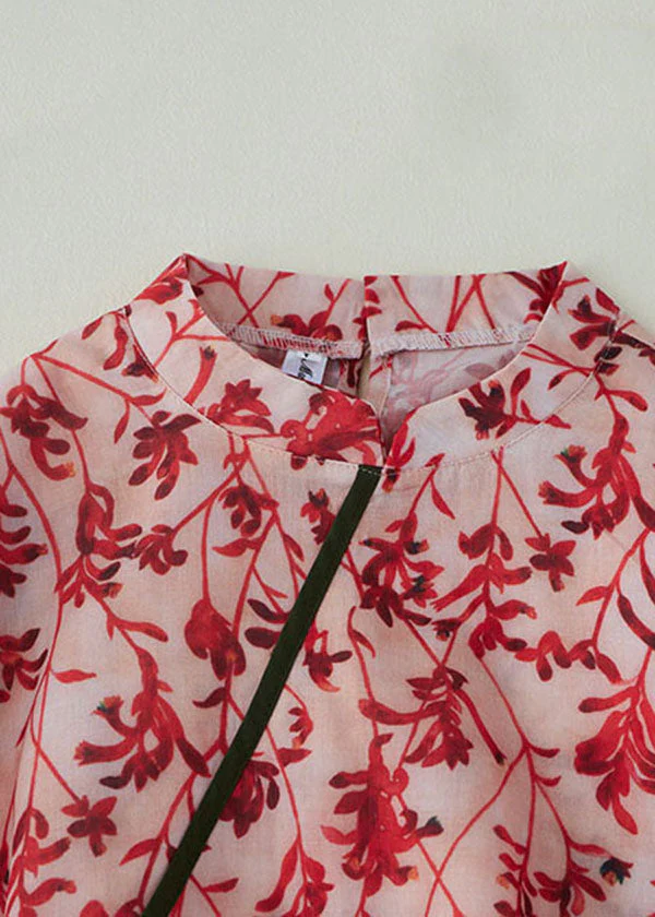 Diy Red Stand Collar Print Button Linen Holiday Cinch Dress Half Sleeve - Image 3