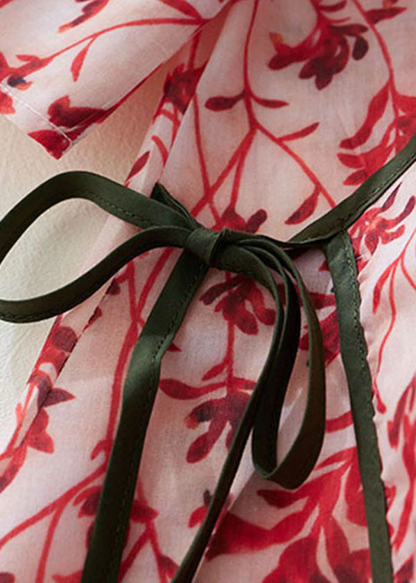 Diy Red Stand Collar Print Button Linen Holiday Cinch Dress Half Sleeve - Image 4
