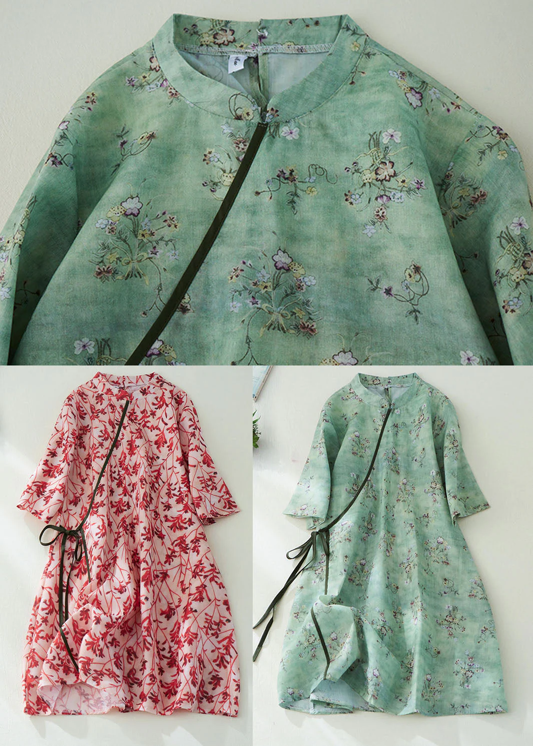 Diy Red Stand Collar Print Button Linen Holiday Cinch Dress Half Sleeve - Image 5