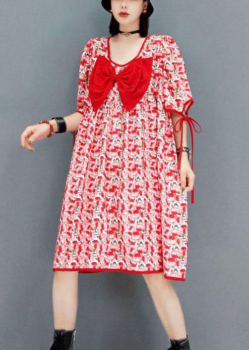diy Red V Neck Print Half Sleeve Fall Dresses - Image 2