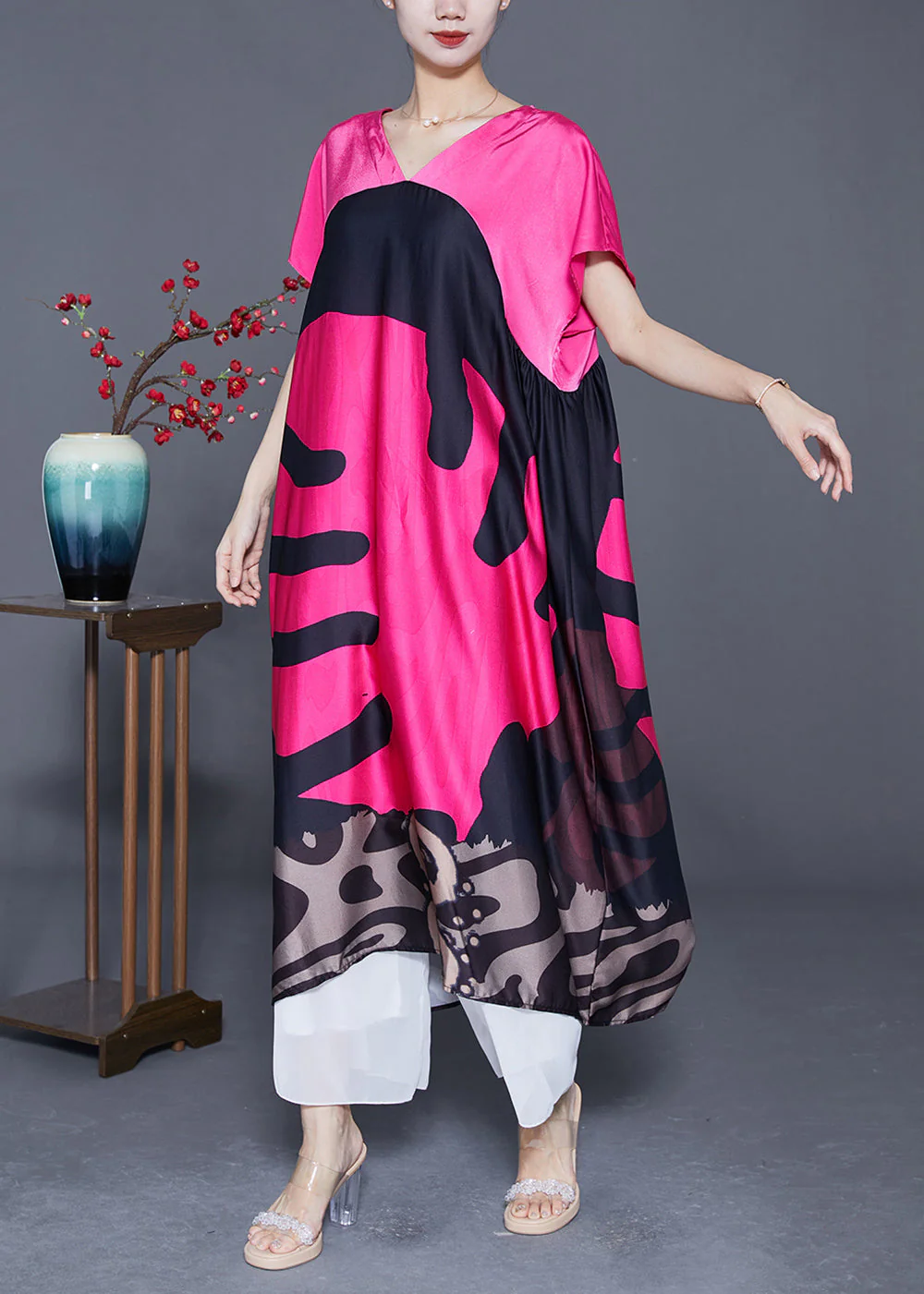 DIY Rose V Neck Patchwork Print Silk Maxi Dresses Summer - Image 2