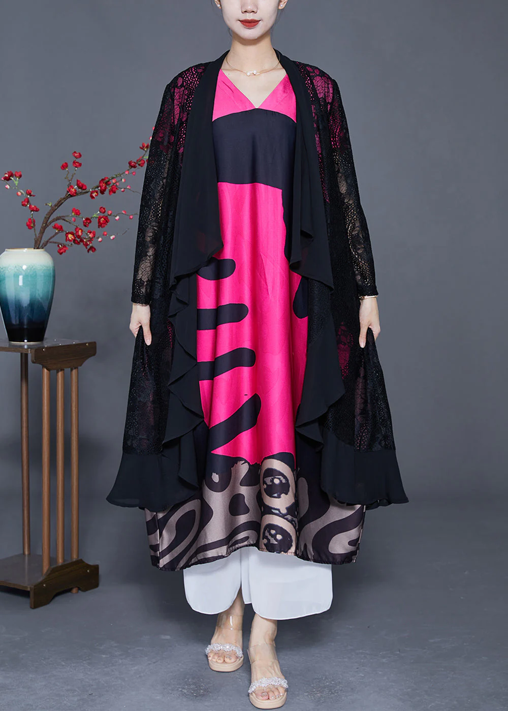 DIY Rose V Neck Patchwork Print Silk Maxi Dresses Summer - Image 3
