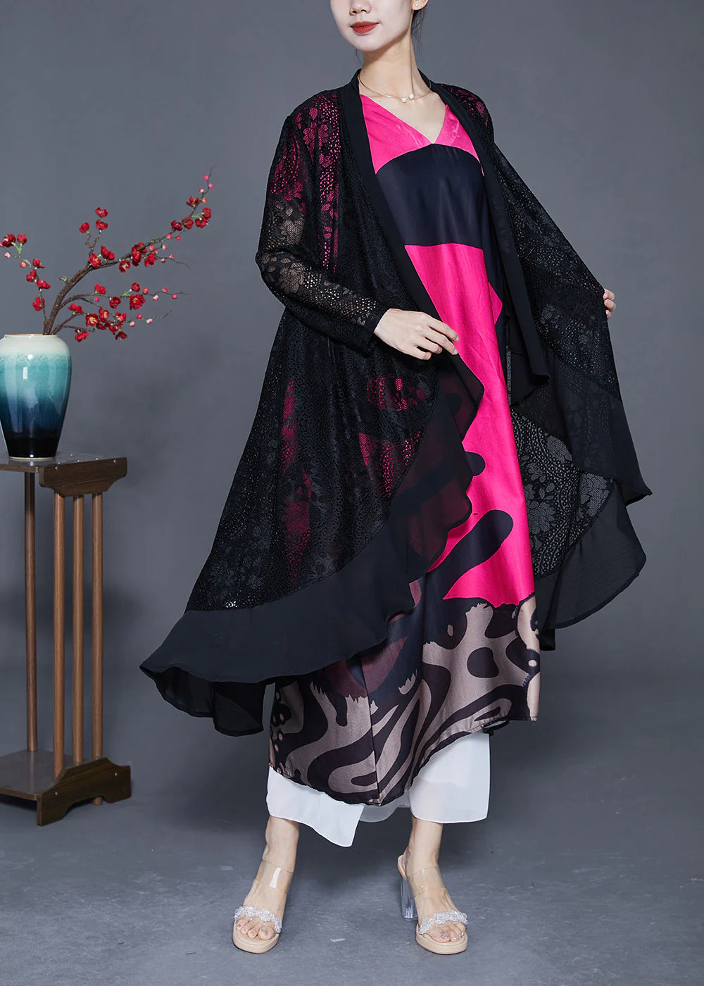 DIY Rose V Neck Patchwork Print Silk Maxi Dresses Summer - Image 4