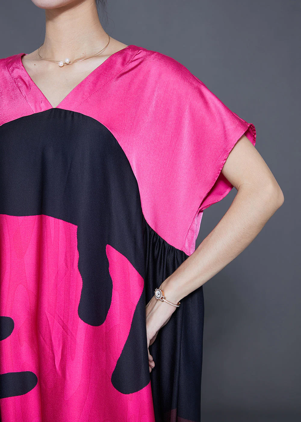 DIY Rose V Neck Patchwork Print Silk Maxi Dresses Summer - Image 5