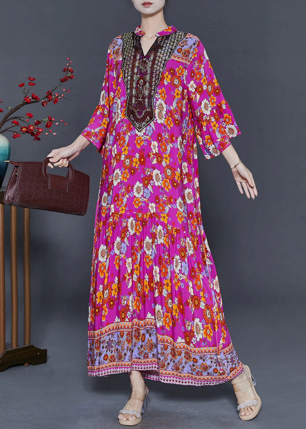DIY Rose V Neck Print Cotton Vacation Dresses Summer - Image 2