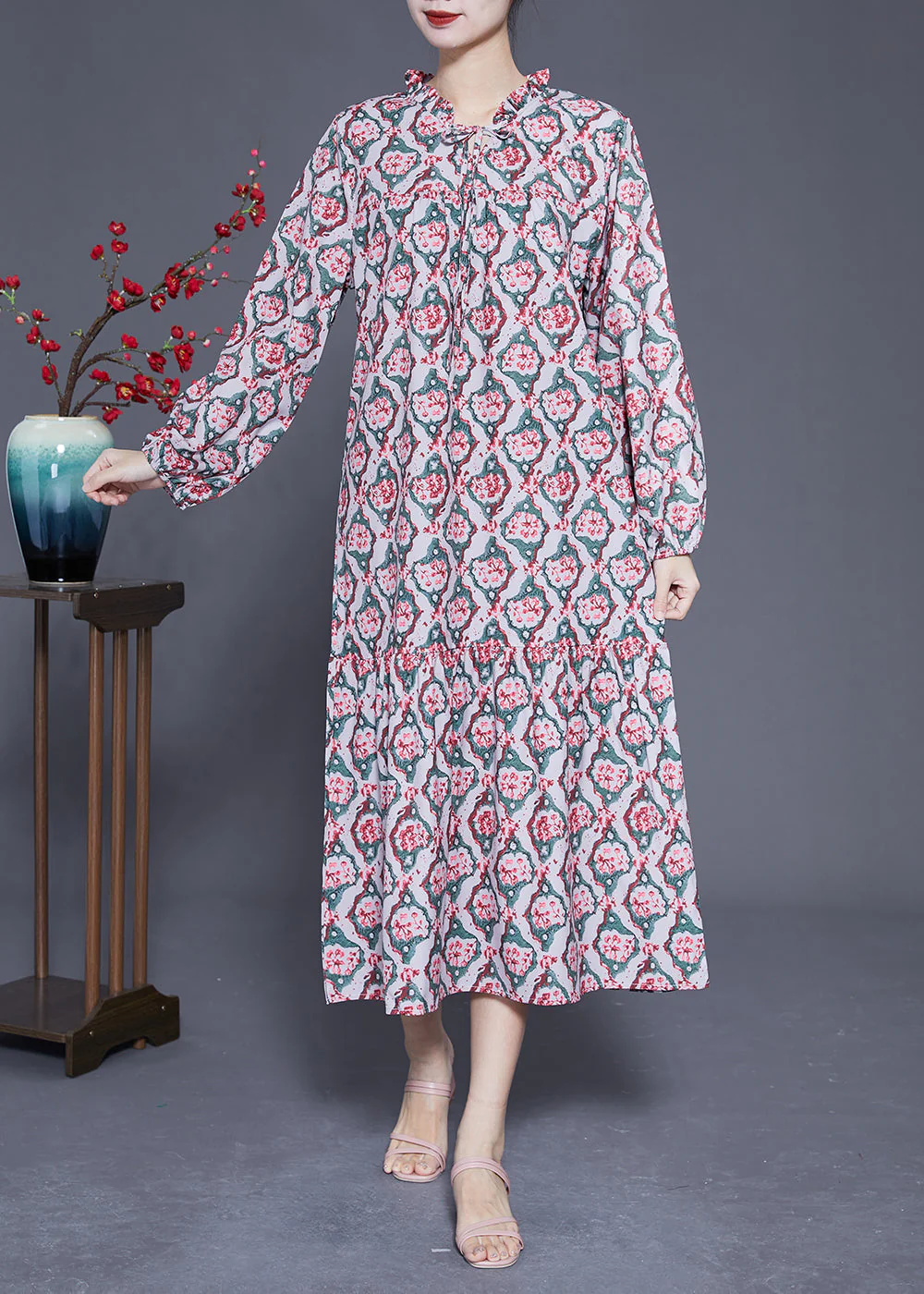 DIY Ruffled Lace Up Print Silk Long Dress Spring