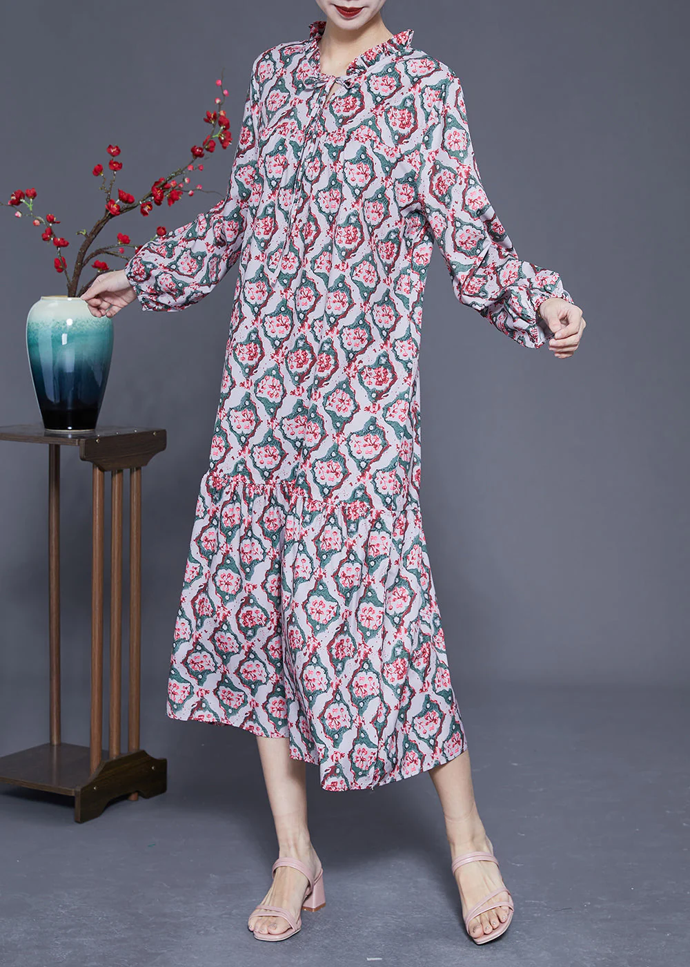 DIY Ruffled Lace Up Print Silk Long Dress Spring - Image 2