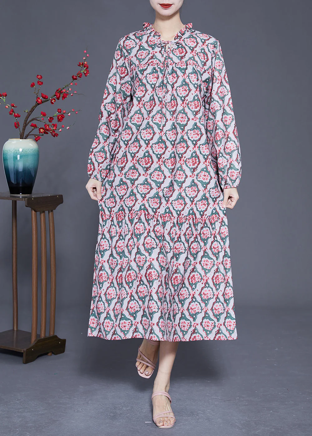 DIY Ruffled Lace Up Print Silk Long Dress Spring - Image 3