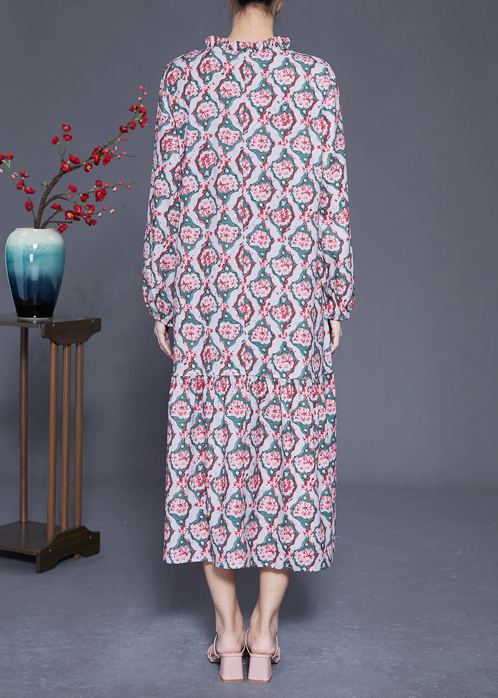 DIY Ruffled Lace Up Print Silk Long Dress Spring - Image 4