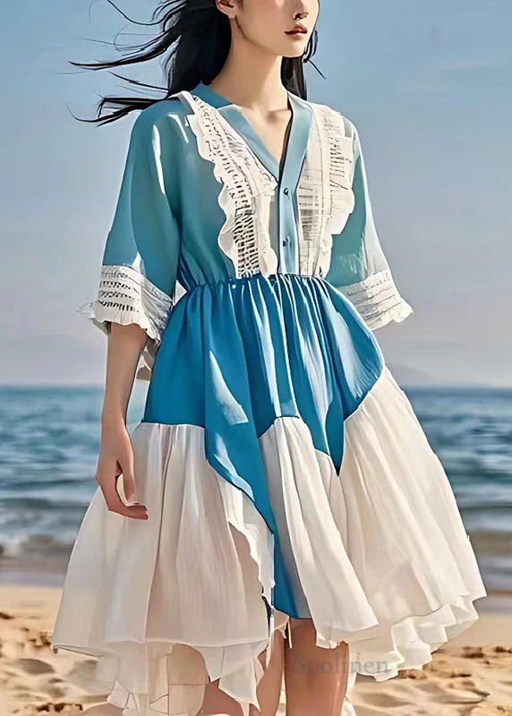 Diy Sea Blue V Neck Patchwork Lace Linen Mid Dress Summer - Image 2