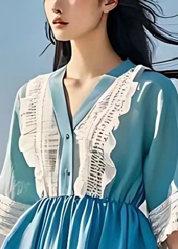 Diy Sea Blue V Neck Patchwork Lace Linen Mid Dress Summer - Image 3