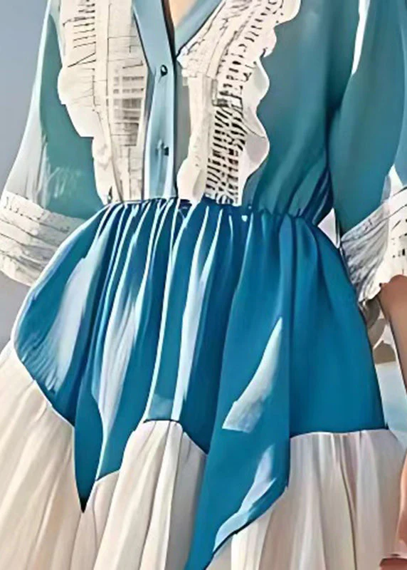 Diy Sea Blue V Neck Patchwork Lace Linen Mid Dress Summer - Image 4