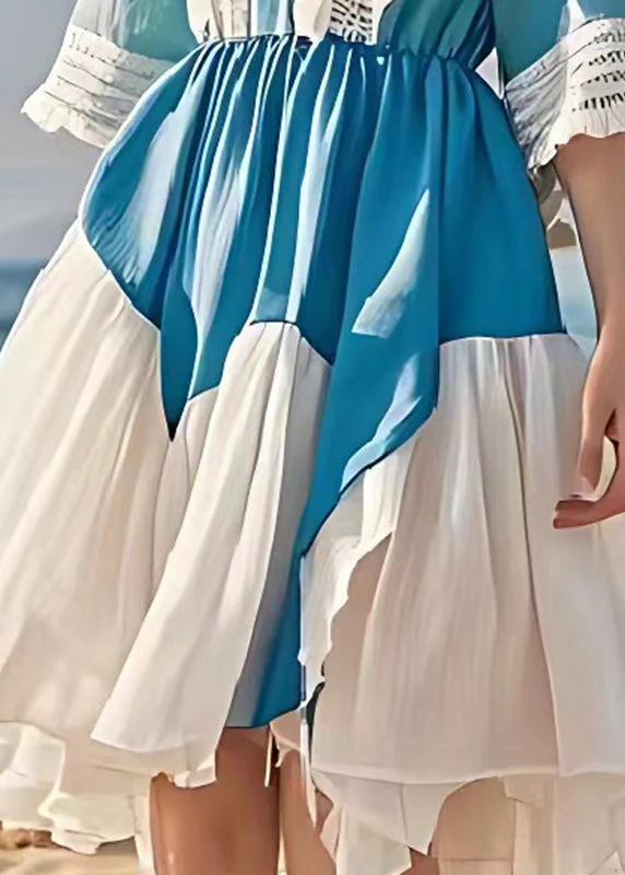 Diy Sea Blue V Neck Patchwork Lace Linen Mid Dress Summer - Image 5