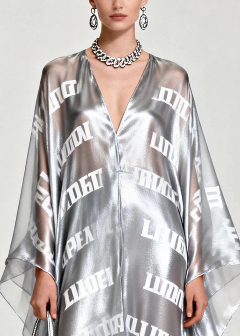 Diy Silvery Oversized Letter Print Chiffon Maxi Dress Summer - Image 2