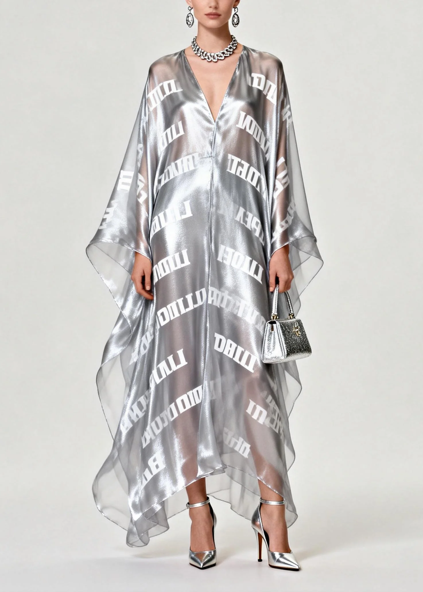 Diy Silvery Oversized Letter Print Chiffon Maxi Dress Summer - Image 3