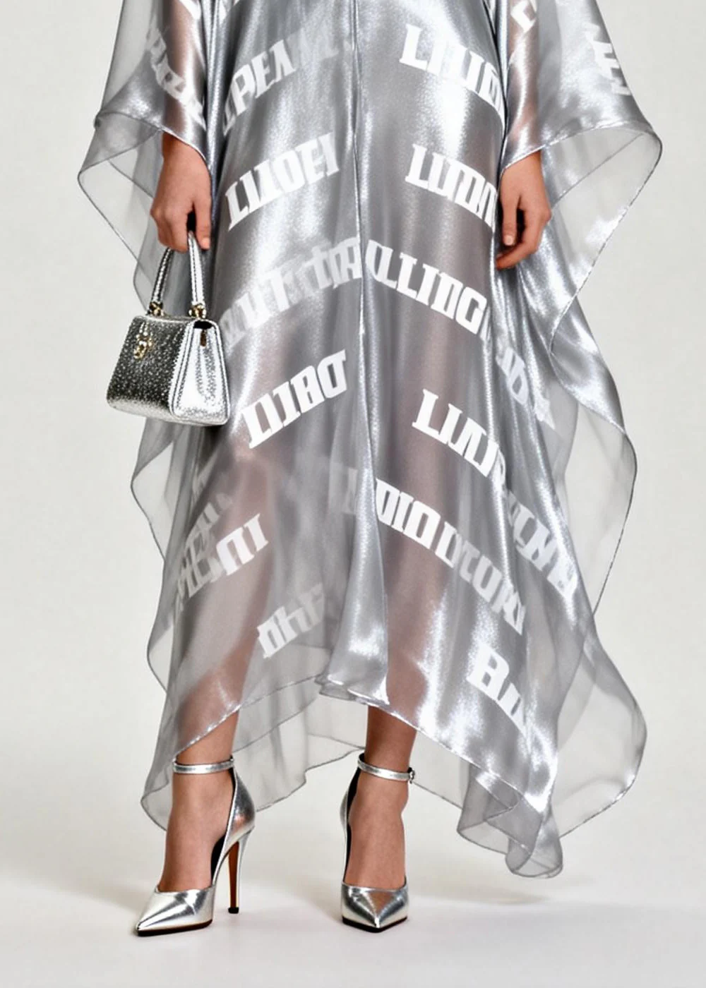 Diy Silvery Oversized Letter Print Chiffon Maxi Dress Summer - Image 4