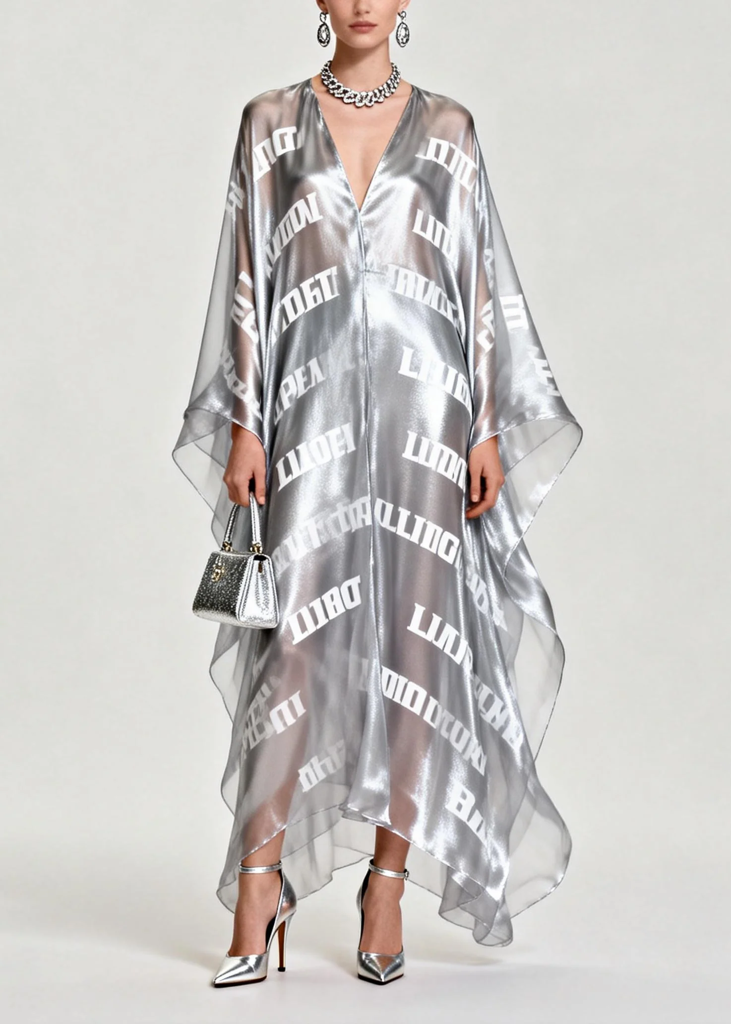 Diy Silvery Oversized Letter Print Chiffon Maxi Dress Summer - Image 5