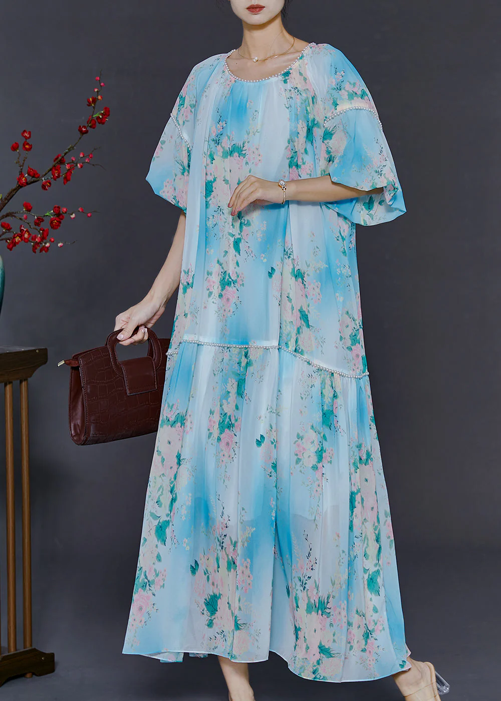 DIY Sky Blue Oversized Print Chiffon Long Dress Summer - Image 3