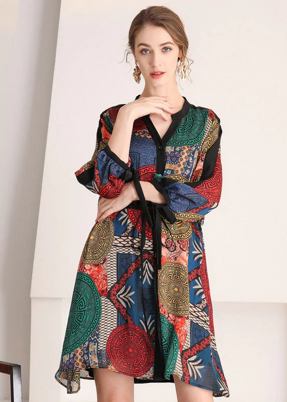 DIY V Neck Cinched Print Chiffon Shirt Dress Spring - Image 2