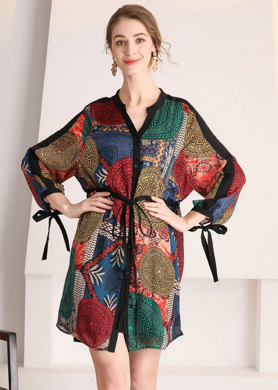 DIY V Neck Cinched Print Chiffon Shirt Dress Spring - Image 3