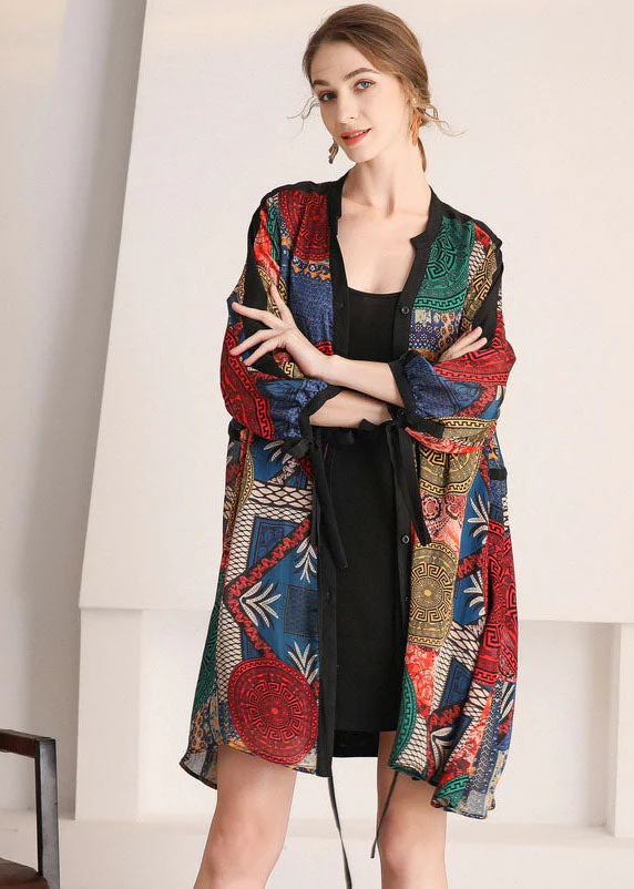DIY V Neck Cinched Print Chiffon Shirt Dress Spring - Image 4