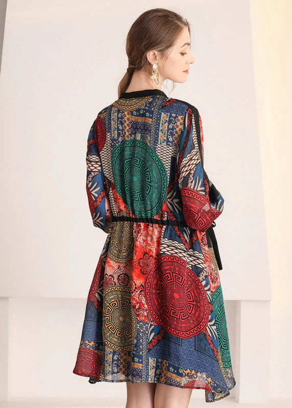 DIY V Neck Cinched Print Chiffon Shirt Dress Spring - Image 5