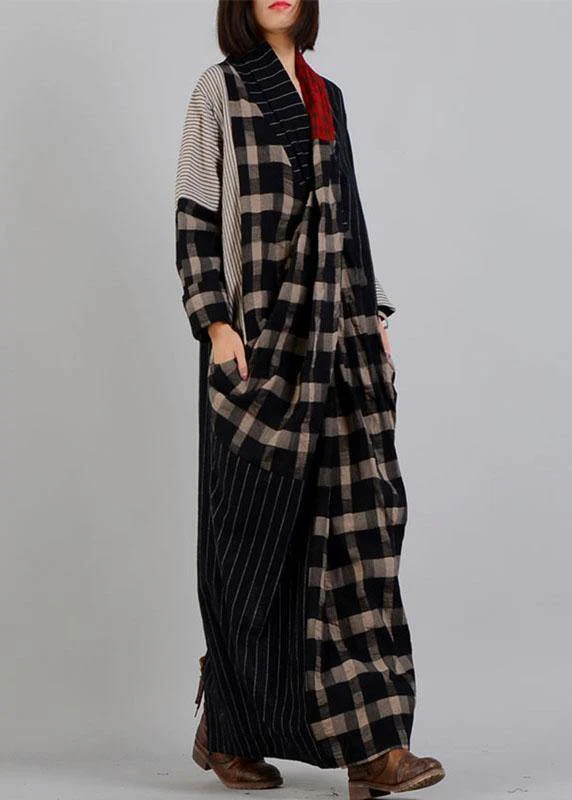 DIY v neck patchwork linen clothes black plaid Dress fall - Image 3