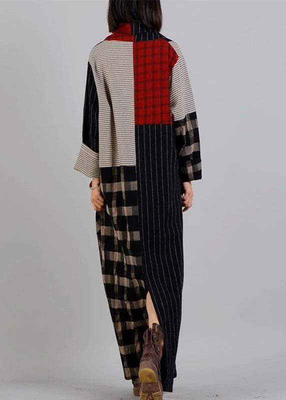 DIY v neck patchwork linen clothes black plaid Dress fall - Image 4
