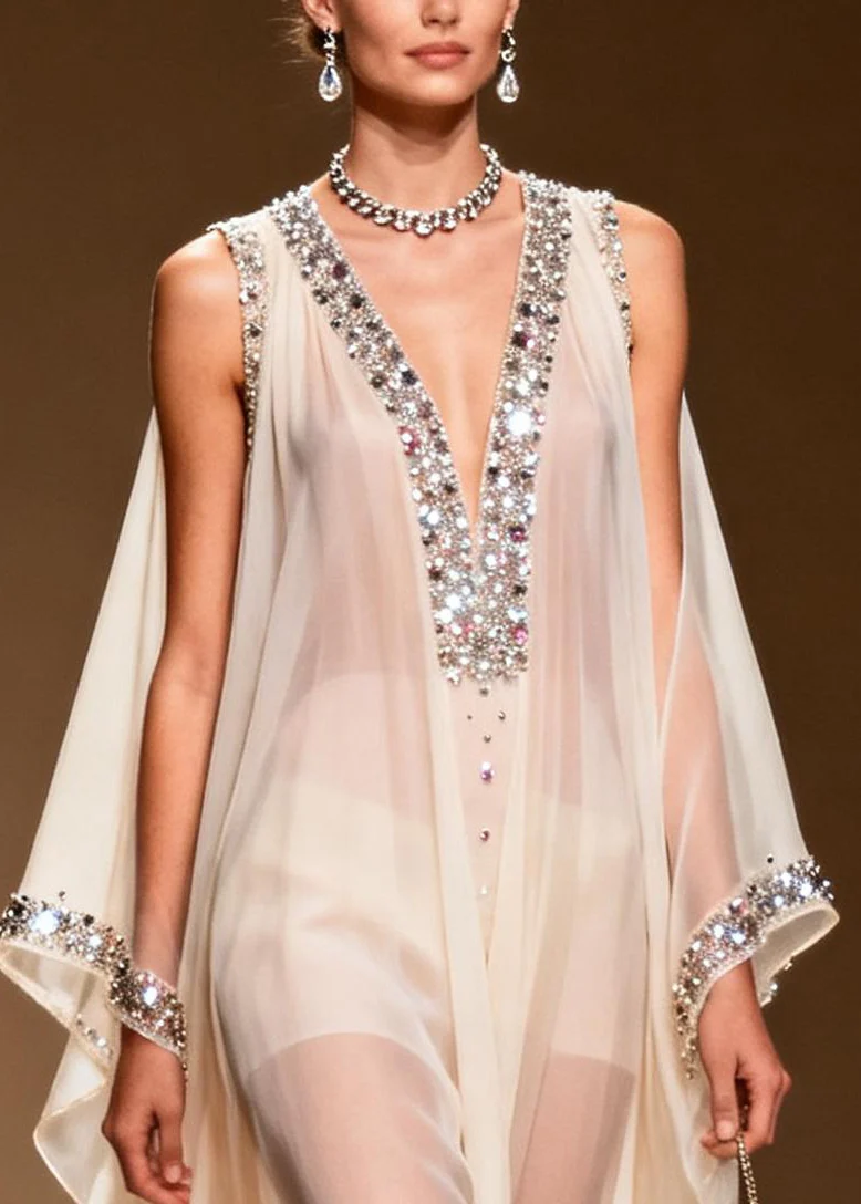 DIY White Cold Shoulder Rhinestone Chiffon Sheer Dress Summer - Image 2