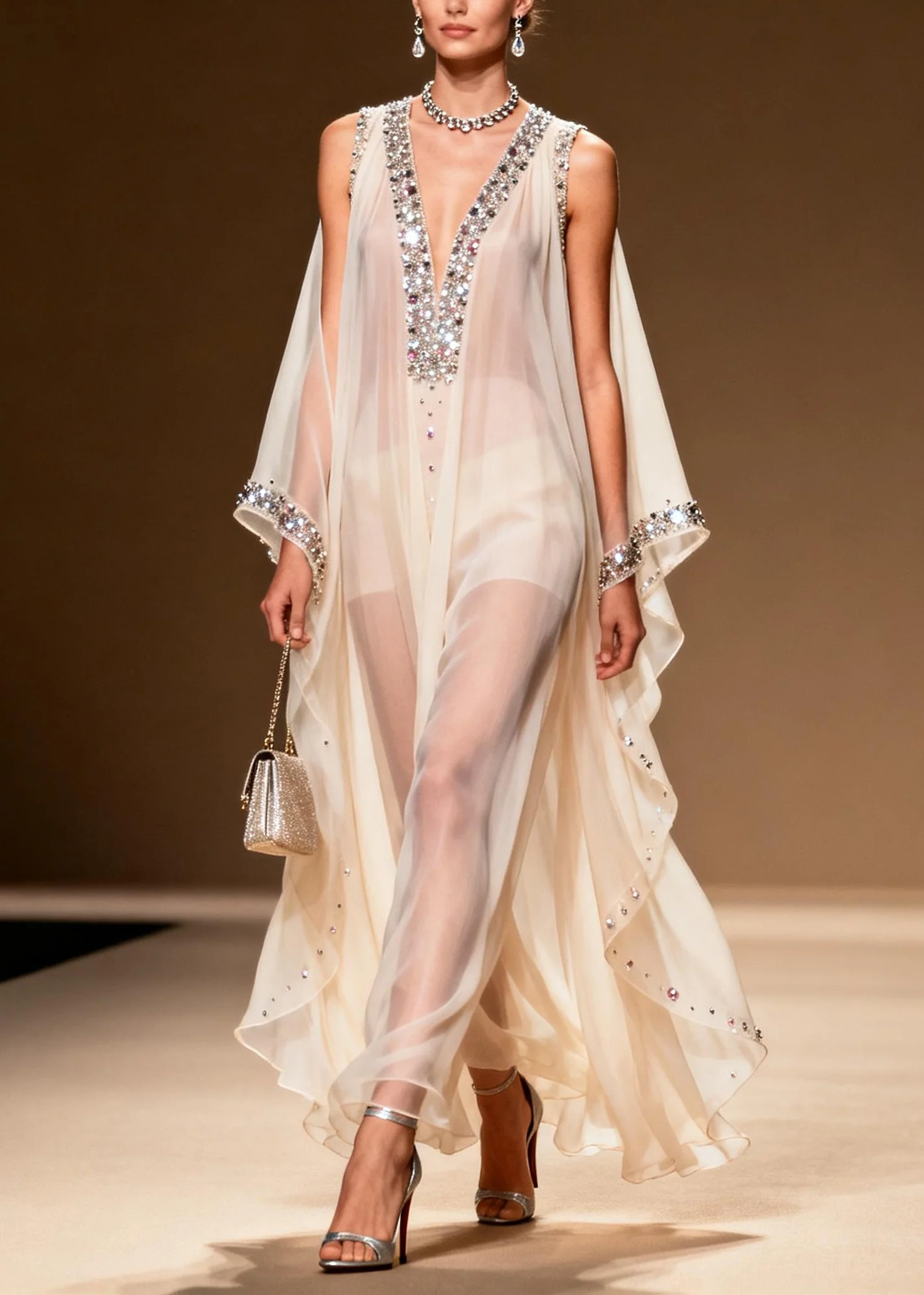 DIY White Cold Shoulder Rhinestone Chiffon Sheer Dress Summer - Image 3