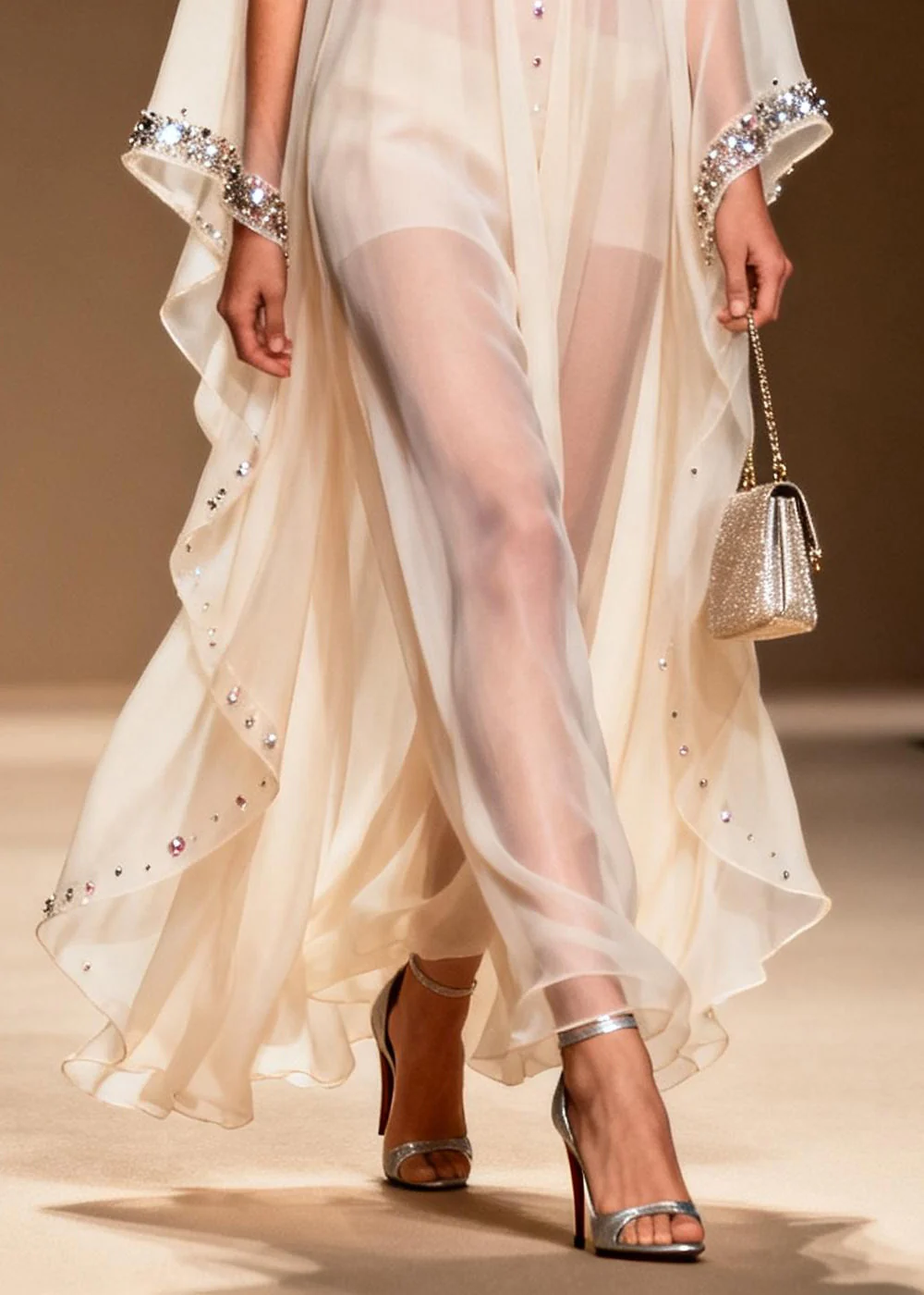 DIY White Cold Shoulder Rhinestone Chiffon Sheer Dress Summer - Image 4