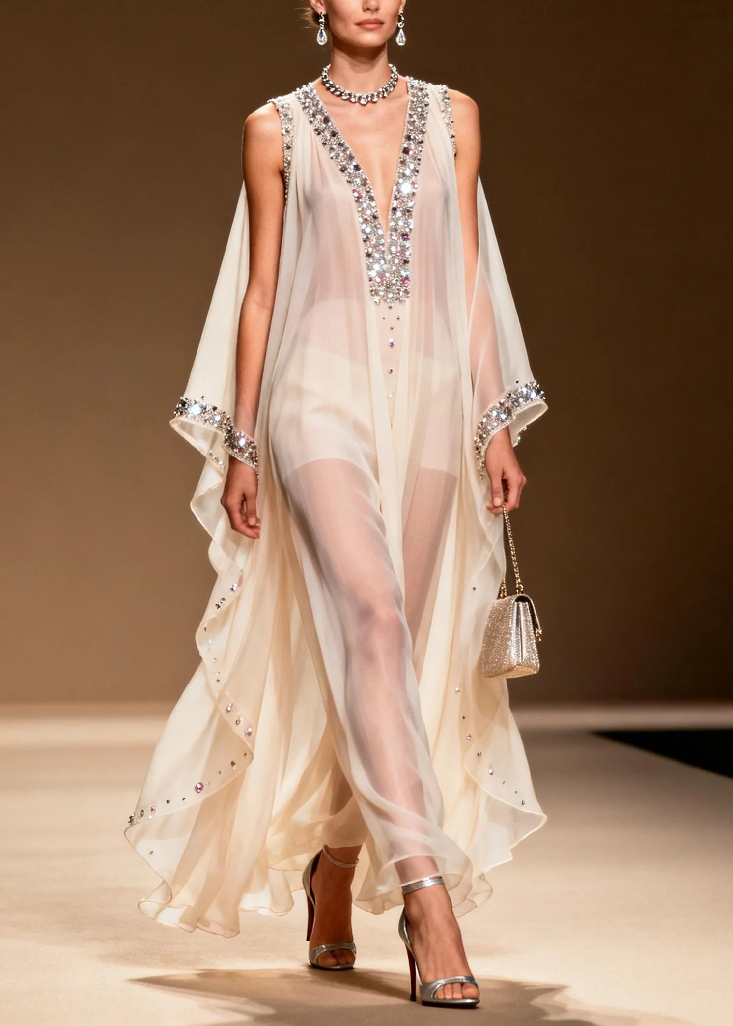 DIY White Cold Shoulder Rhinestone Chiffon Sheer Dress Summer - Image 5