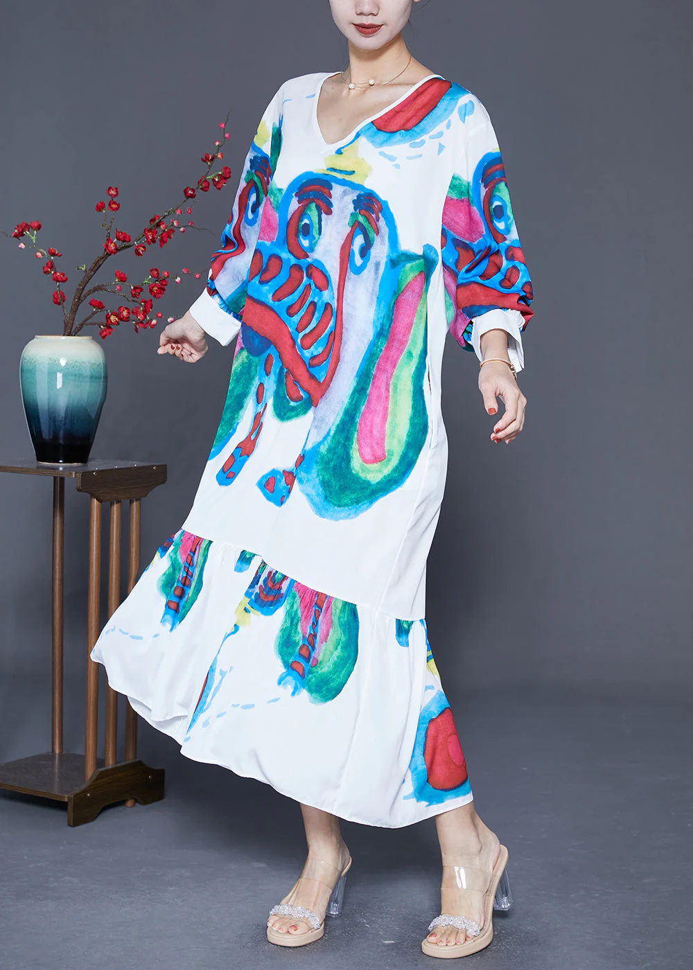 DIY White Elephant Graffiti Patchwork Ruffles Chiffon Party Dress Summer - Image 3