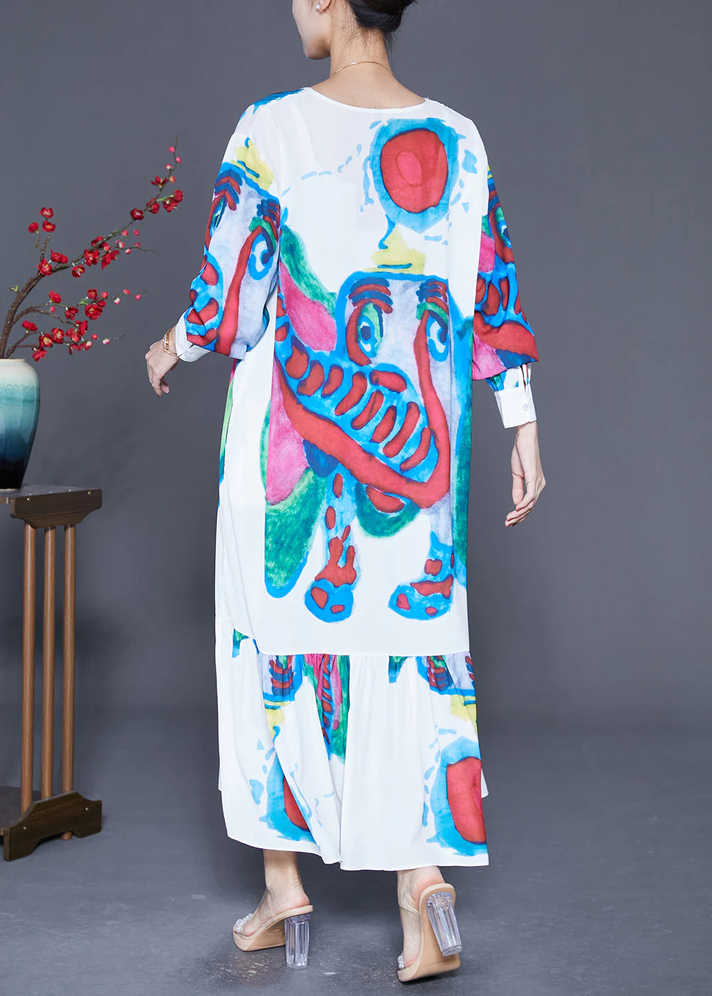 DIY White Elephant Graffiti Patchwork Ruffles Chiffon Party Dress Summer - Image 4