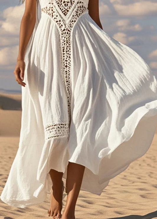 Diy White Hollow Out Patchwork Cotton Maxi Dress Summer - Image 4