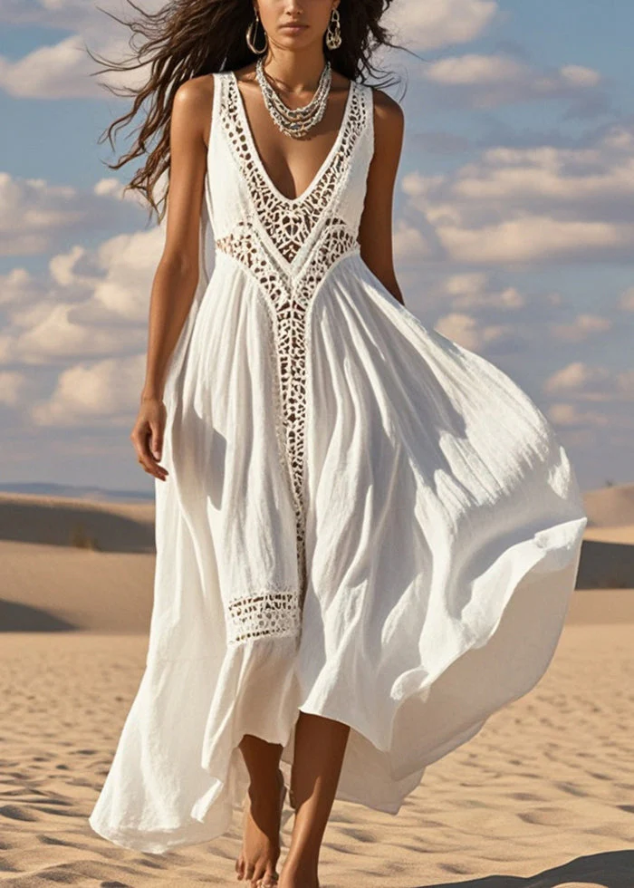 Diy White Hollow Out Patchwork Cotton Maxi Dress Summer - Image 5