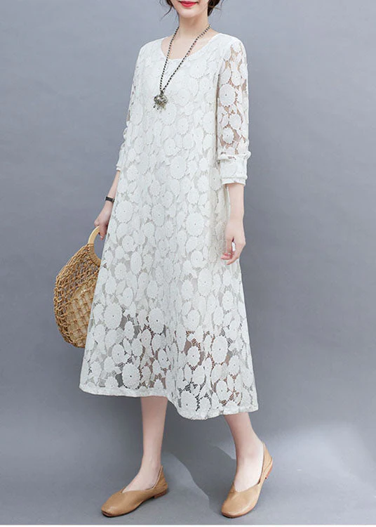 DIY White O-Neck Lace Long Dresses Long Sleeve - Image 2