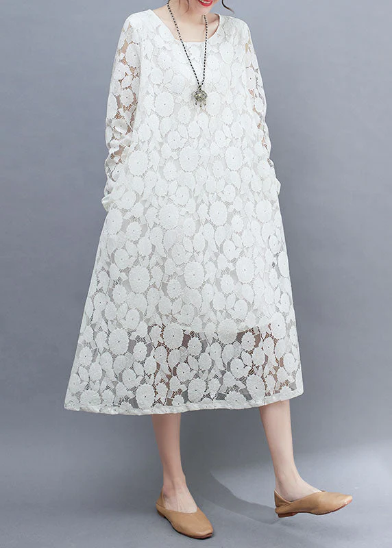 DIY White O-Neck Lace Long Dresses Long Sleeve - Image 3